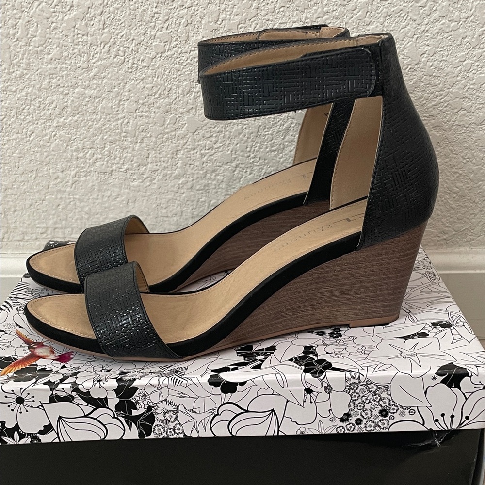 CL by Laundry Black Textured Ankle Strap Wedges - Picture 2 of 7